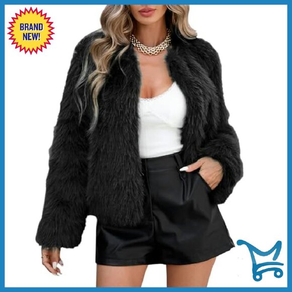 Cropped Faux Fur Jacket Women's Winter Coat Long Sleeve Pockets - Picture 2 of 8